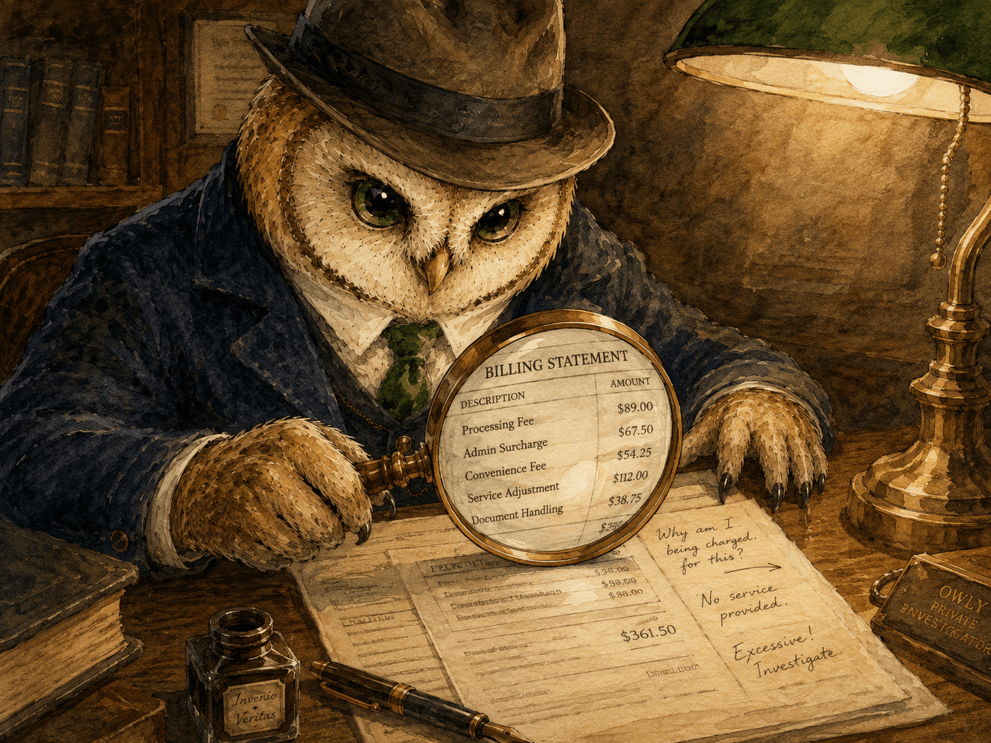 Owly investigating a billing statement at his desk