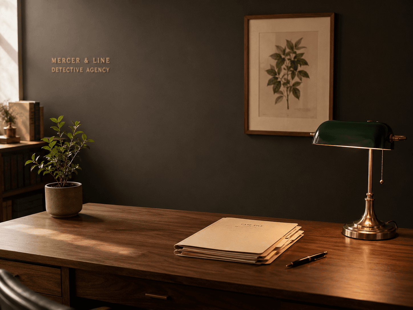 Mercer & Line Detective Agency office — a banker's lamp on a mahogany desk, a small plant, and a framed botanical print.